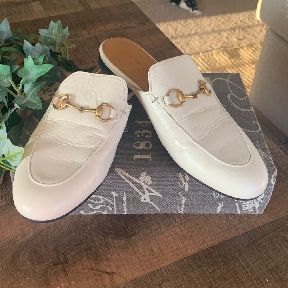 Gucci White Leather Mules with Gold Accents